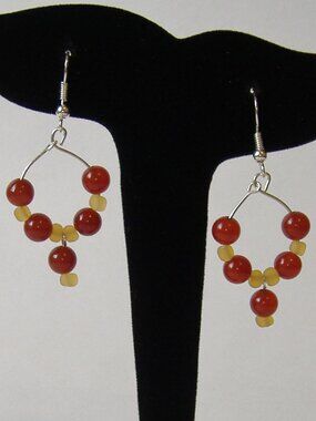 Red Amber Beaded Earrings Dangle Hoop Silver Metal Handcrafted Pierced Gift New